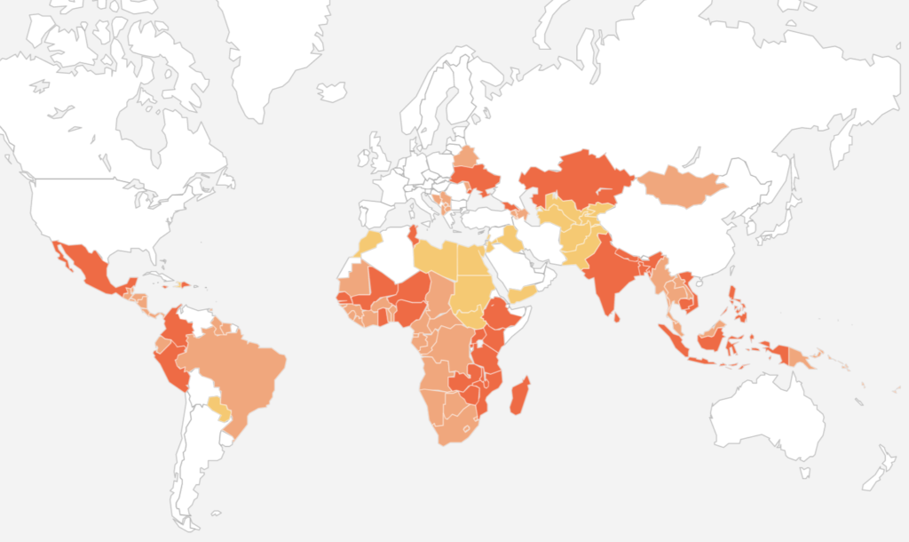 Map of countries with active adaptation, energy, and/or sustainable landscapes funding from USAID.