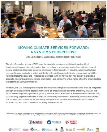 Cover page of report with an image of people meeting a workshop and title that reads Moving Climate Services Forward: A Systems Learning Perspective