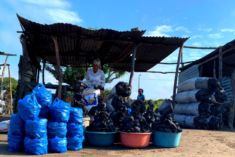 In Mozambique plastic bags are the preferred packaging of products in the informal market. In the case of the charcoal trade. The plastic bags used to pack the coal, when arriving at the houses, become the main raw material to make fire. Contributing in this way to the pollution of the air.   This photo was taken in July 2022, in Manhiça district, Maputo province, Mozambique.