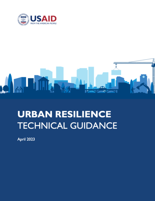 Blue cover page with illustrated city skyline