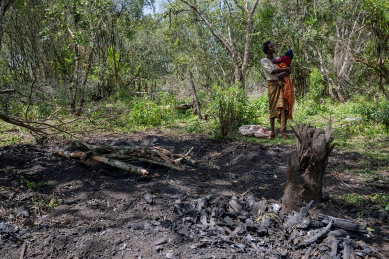 A woman cradles her child as she stands over a recently burned patch of forest, to be used for charcoal collection.