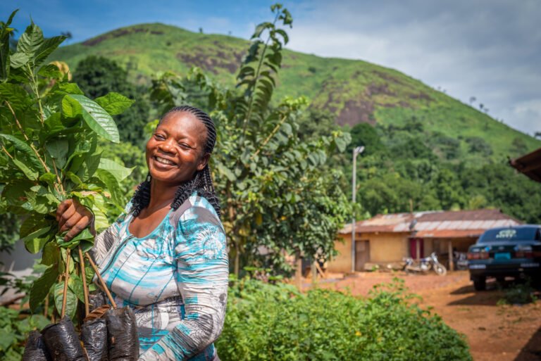 Philomena Dibang, a cocoa farmer from Eberanta on the edge of Cross River National Park, with improved cocoa seedlings ready for planting.