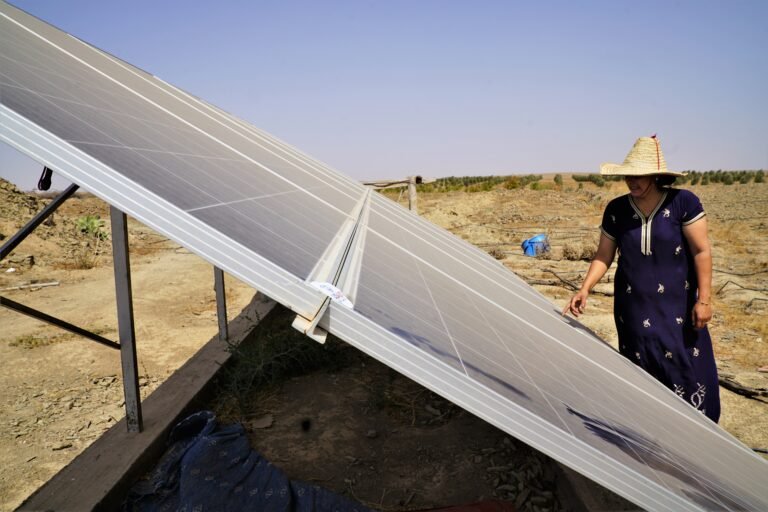 A woman in a traditional Moroccan dress and wicker hat, stands at the far side of a solar panel that is labelled with a USAID logo sticker, pointing at the panel in demonstration.