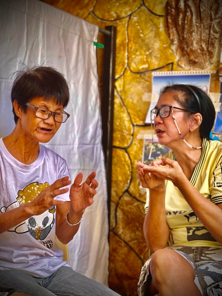 Two individuals discussing their experience during calamities using signs.