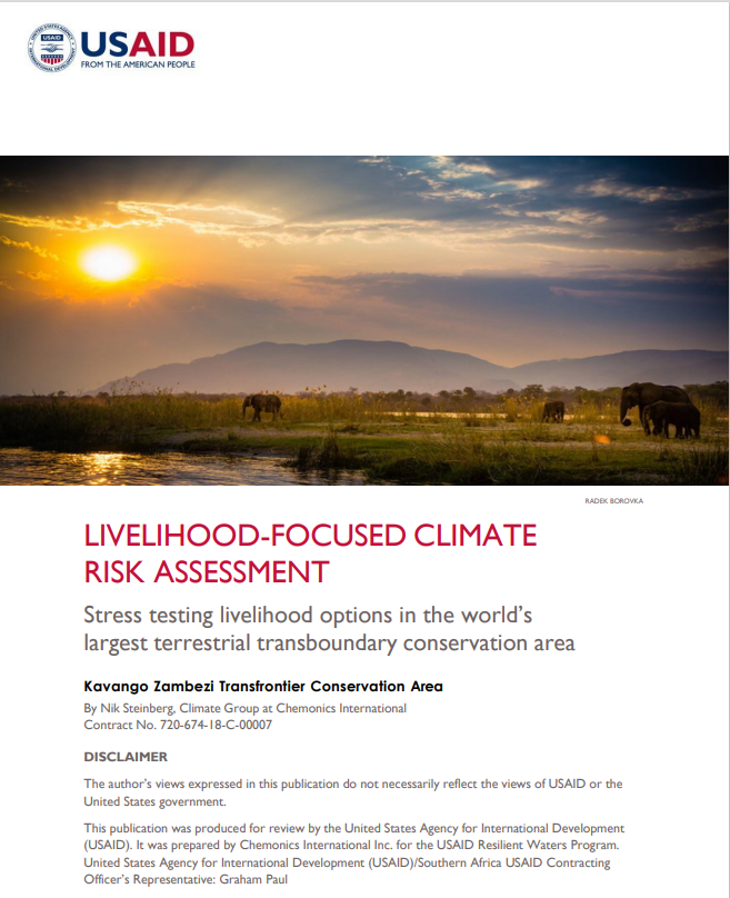 Title page of LIVELIHOOD-FOCUSED CLIMATE  RISK ASSESSMENT Report with photo of elephants on savannah