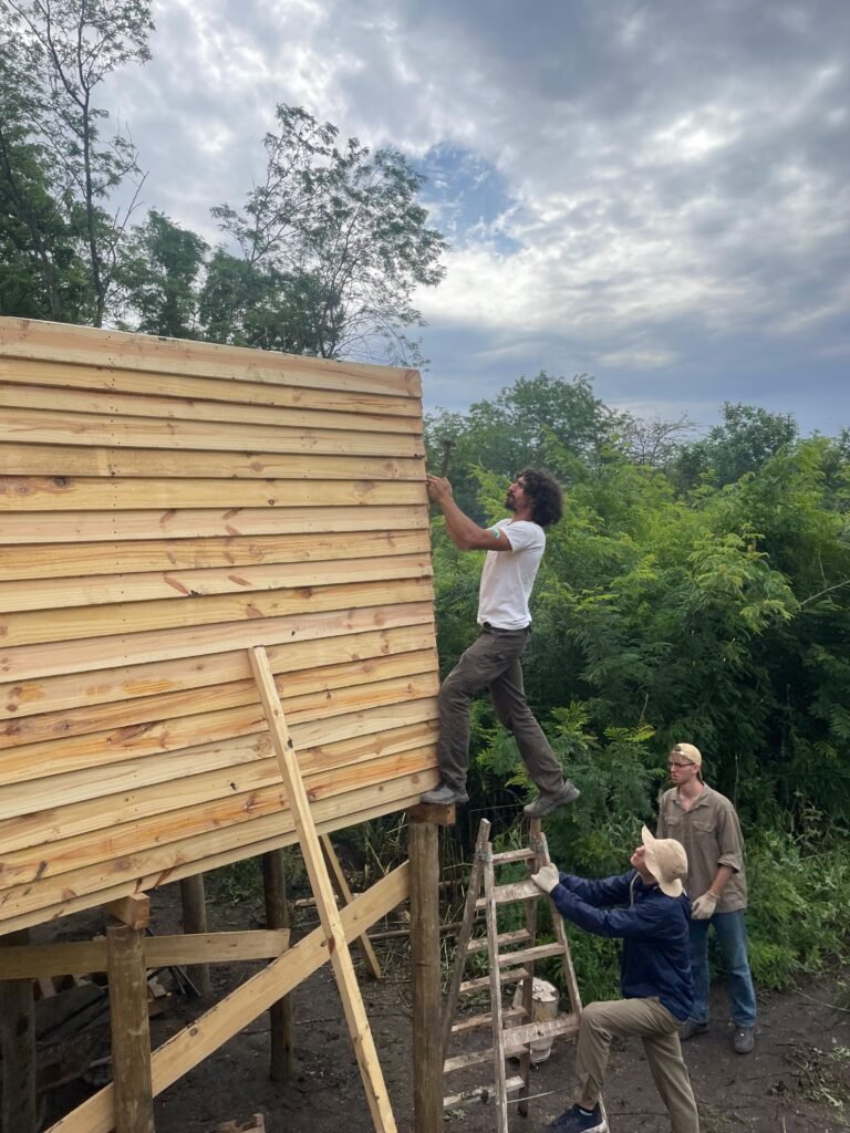 Man stands on a ladder while two others hold it as the man uses a hammer to build a house on stilts.