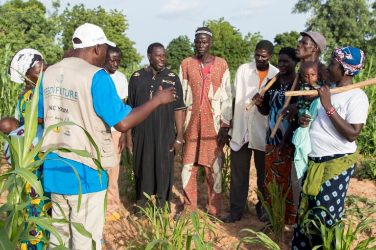 A group of people look on as a man explains something to them in an agricultural field.