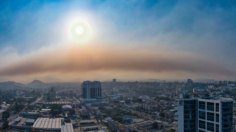 Dense smoke cloud coming from forest fires over a city landscape.