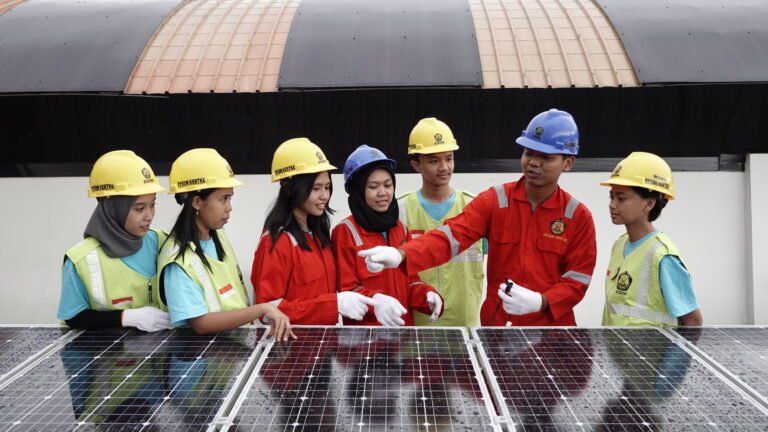 Youth in hard hats listen as an engineer points to a solar panel in front of the group.