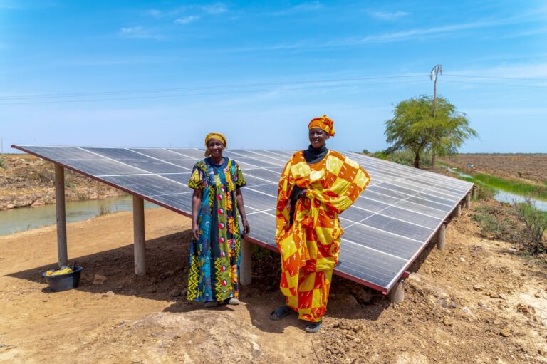 Two people stand in front of a large solar panel in a dry landscape.