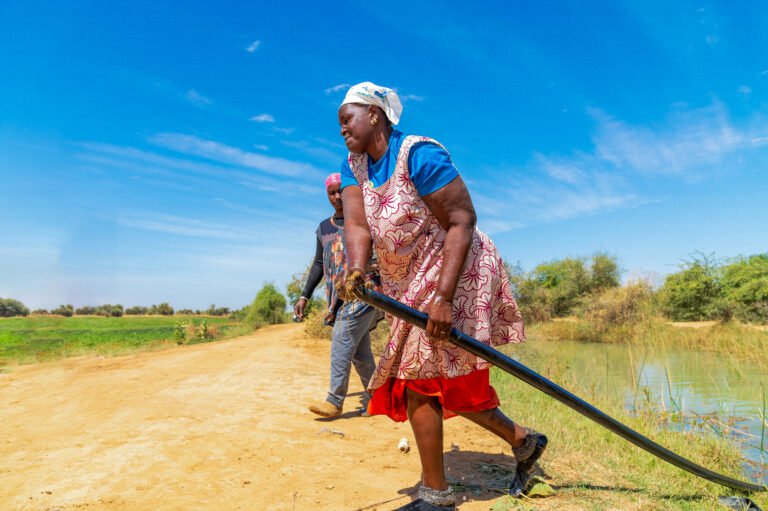 A woman drags a pump from grass over a dirt road to the other side under a blue sky, with someone walking alongside her.