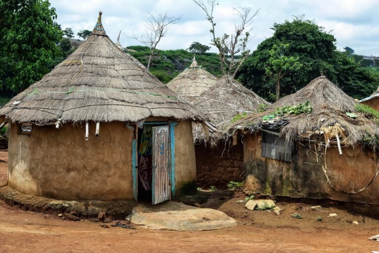 A group of huts with thatched, cone-shaped roofs.
