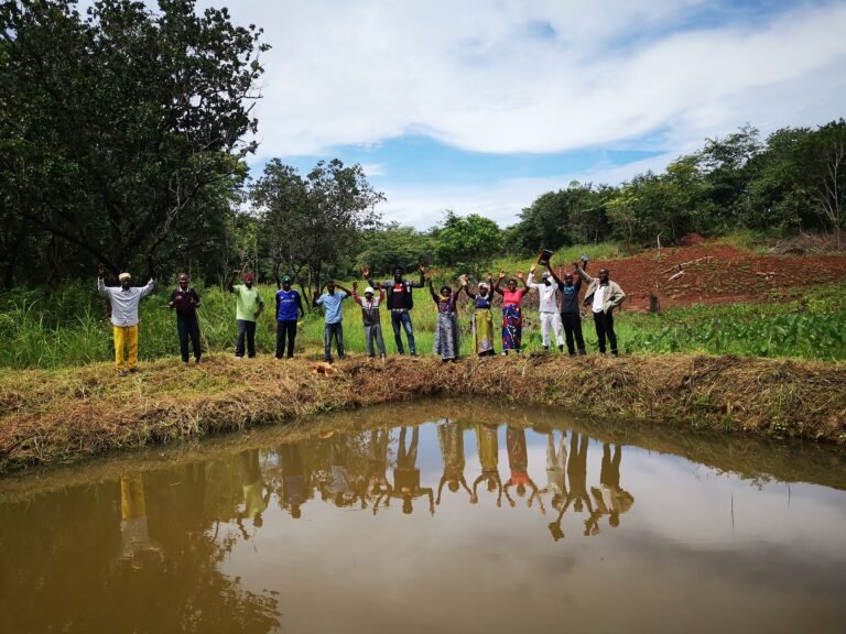 Group of people standing around a pond in front of a forest with their arms raised.