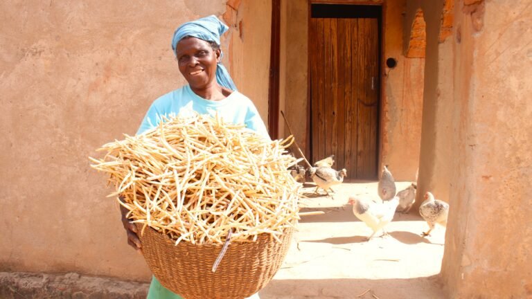 A woman smiles while holding an overflowing basket of cowpeas.