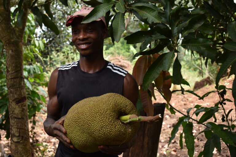 A male farmer holds a large jackfruit while smiling at the camera among two trees.