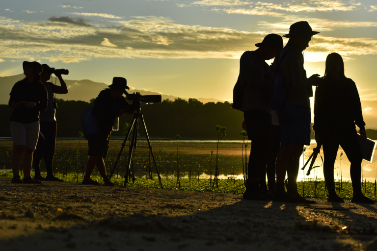 A group of backlit people, most in hats and some holding notepads, peer through binoculars and telescopes on a shoreline.