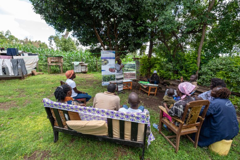 A group of people sit outside to view a presentation.