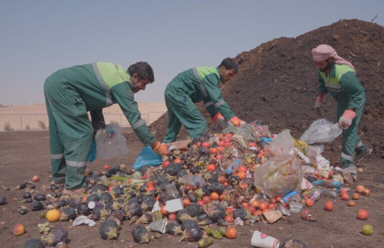 Three workers in green jumpsuits separate food waste from a landfill.