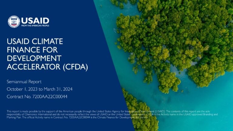Title of report on blue background on top of ariel photo of mangroves