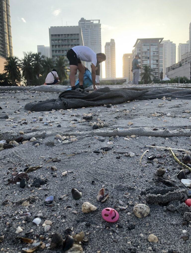 A volunteer collects plastic off a polluted beach with city skyscrapers in the background.