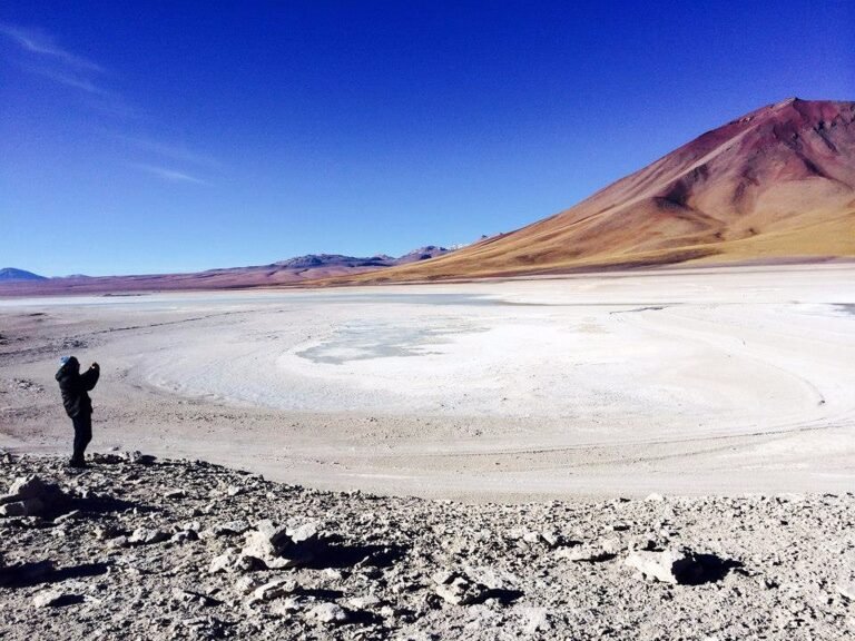 A person stands on the edge of a dry lake bed, taking a photo.