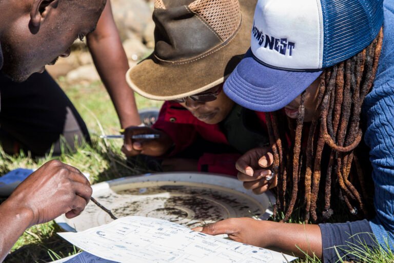 Four people kneel and look closely at a dish with stream water inside.