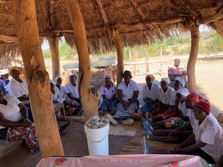 A large group of women sits under a structure and listens to a speaker.