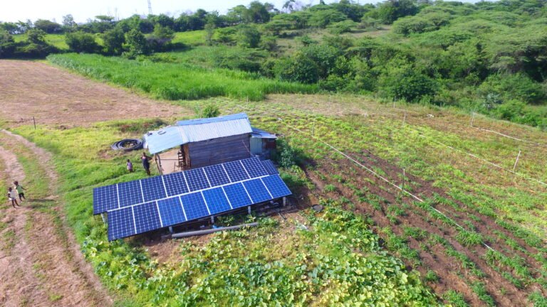 An aerial/drone angle on a small house with solar PV panels installed next to it and agricultural fields surrounding it.