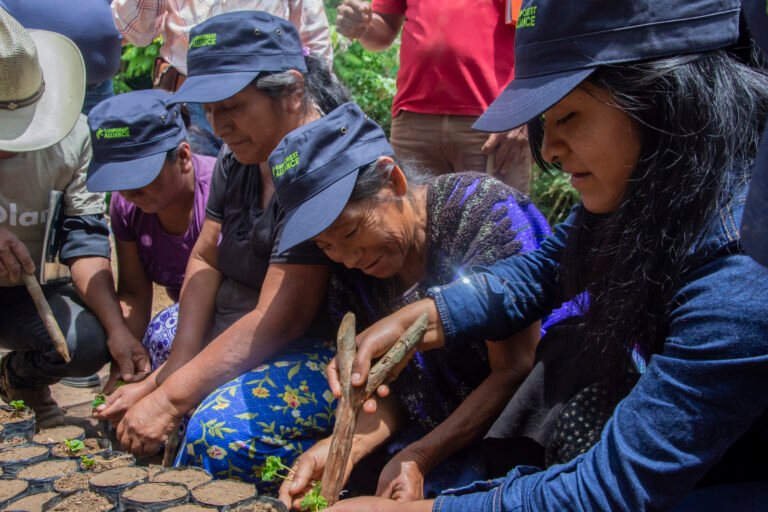 Men and women sit together in a close group, planting seeds in small containers.