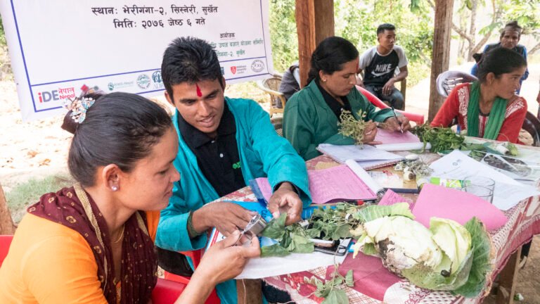 Man and women sitting at a table inspecting vegetables.