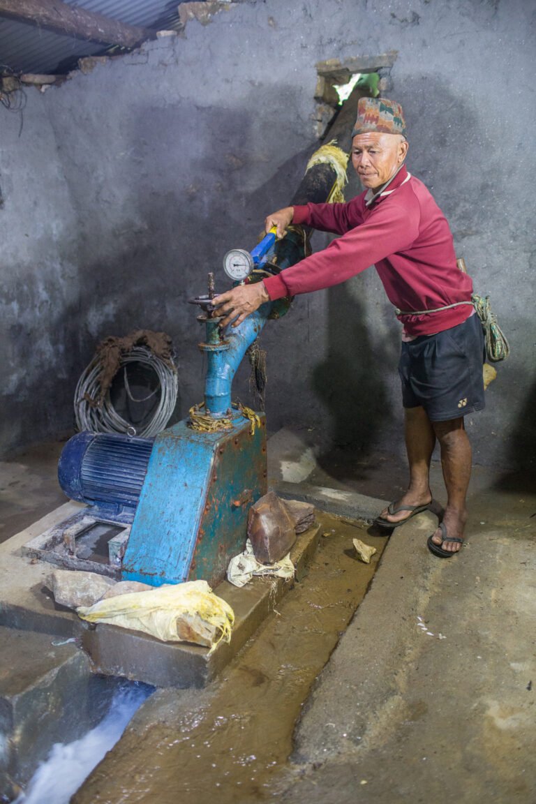 Sunbir Ghale (pictured here) maintains Simjung village’s micro-hydro plant in Gorkha district; it was badly damaged during the 2015 earthquake and Hariyo Ban funded repairs as part of its support to earthquake recovery.​​​​​​​