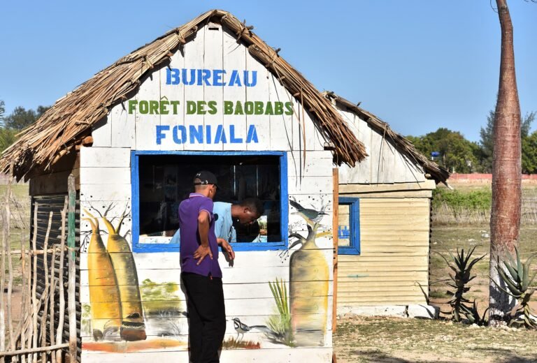 A tourist stands at a small hut, paying an park entry fee.