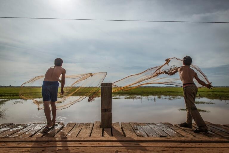 Two men standing on a dock throw a net over the edge into water.