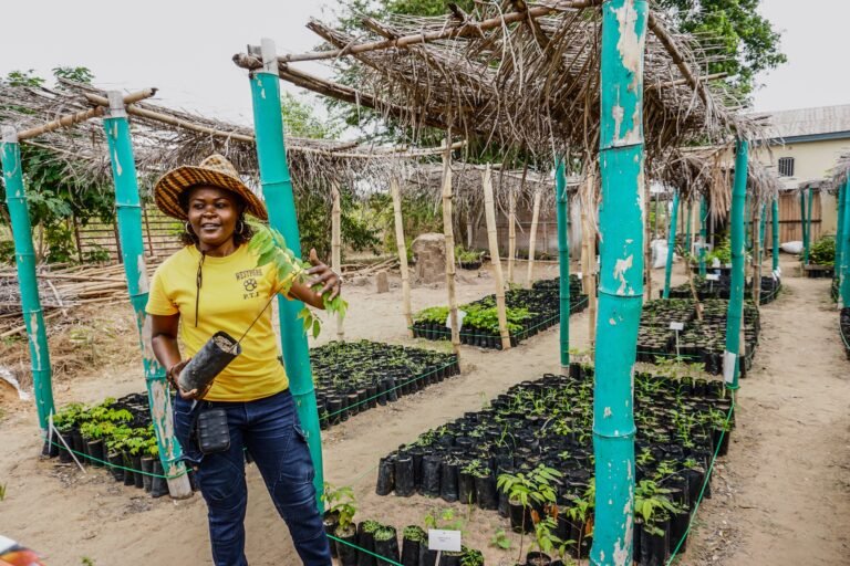A woman stands in front of a plant nursery, smiling and holding a young tree.