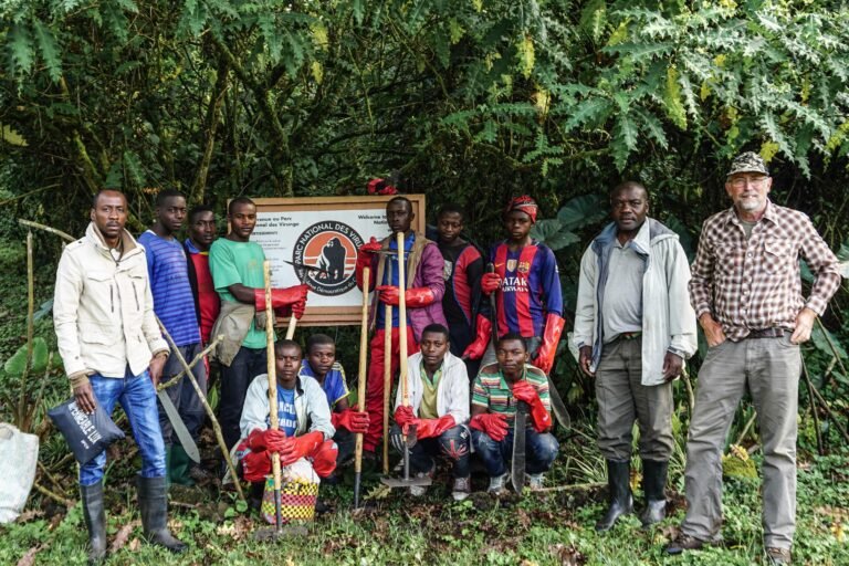 A group of men with tools poses for the camera and stands in the shade of a tree.