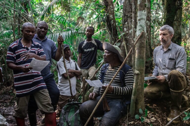 A group of forest inventory trainees talk while their trainer looks on.