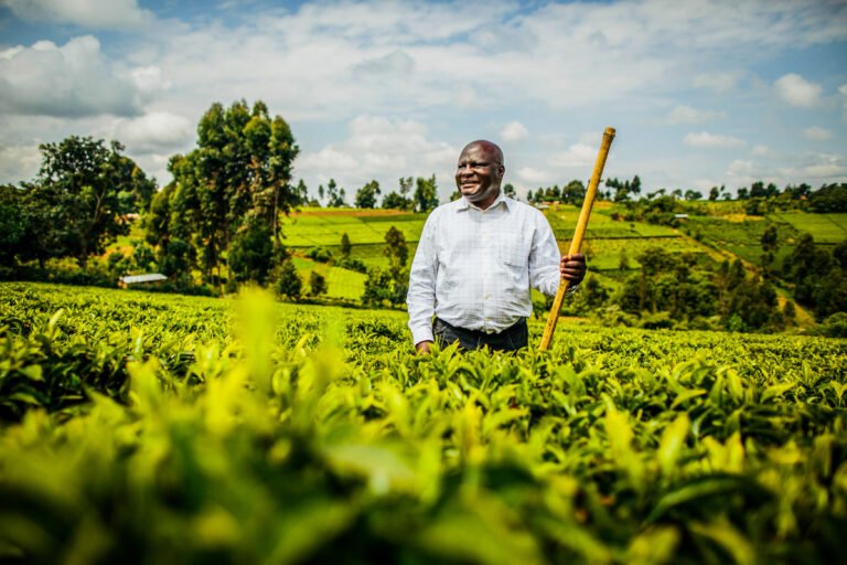 A man stands in a field, holding a staff and smiling toward the camera.