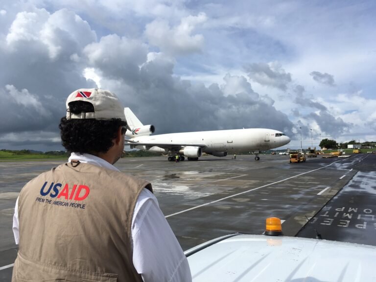 A cargo plane carrying USAID relief supplies for families affected by Hurricane Irma arrived in Antigua on September 14, 2017.